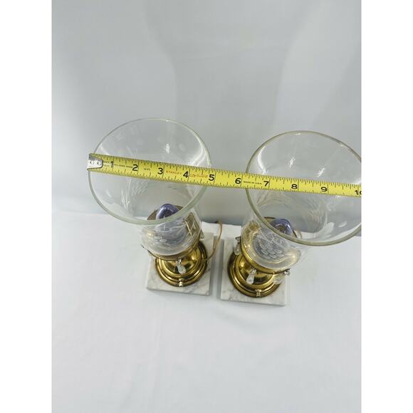 2 Hollywood Regency Candle Lamps MCM Hurricane Marble Brass w Glass Prisms 16" - Picture 10 of 12